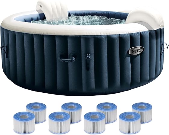 Intex 28429EP PureSpa Plus Portable Inflatable Bubble Jet Spa Hot Tub, 77" x 28" & 29001E Type S1 Easy Set Spa Filter Replacement Cartridges (8 Pack)