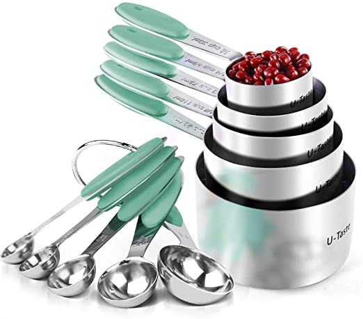 Measuring Cups : U-Taste 18/8 Stainless Steel Measuring Cups and Spoons Set of 10 Piece, Upgraded Thickness Handle(Aqua Sky)