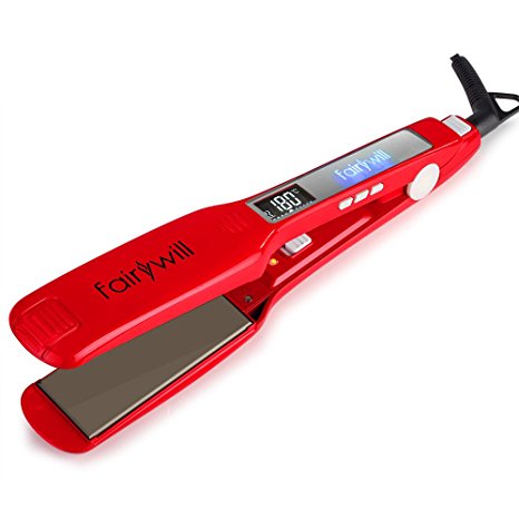 Fairywill Professional Styling Hair Straighteners wide plates Ceramic Hair Straightener Travel Flat Iron Extra Wide Nano Titanium Plate LCD Display Temperature Control Fast Heating Auto Shut Off UK Plug Cute Red