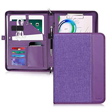 Toplive Zippered Padfolio Portfolio Case,Executive Business Conference Folder Document Organizer with Letter/A4 Size Clipboard, Business Card Holder,Purple