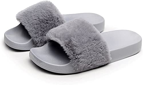 Charles Albert Women's Vegan Fur Slides, Fuzzy Slides, Faux Furry Flip Flops