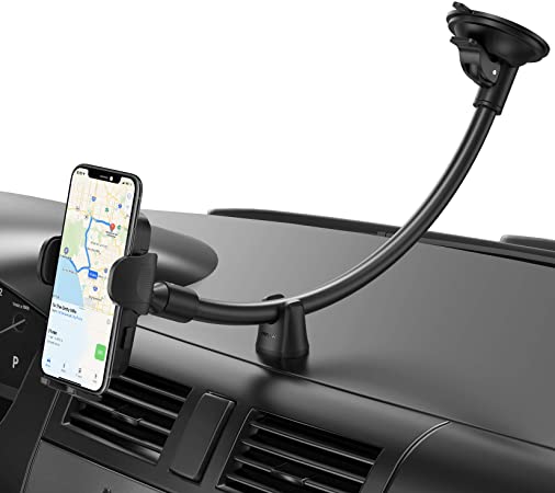 Mpow Car Phone Holder, Windscreen Car Phone Mount With Long Gooseneck, Car Cradles with Extra Dashboard Base, Car Holder Compatible with iPhone SE 11 Pro Max XS XR, Galaxy Note 20 S20 S10 and More