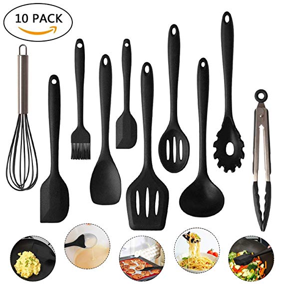 Cookey Kitchen Utensils 10 Sets, Silicone Heat Resistant Non Stick Easy To Clean Cooking Tools Baking Utensils Soup Spoon, Spatula, Tongs, Kitchen Gadgets Utensil Sets