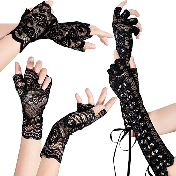 3 Pairs Lace Fingerless Gloves Set Elbow Lace Up Steampunk Gloves Black Fingerless Bridal Lace Gloves