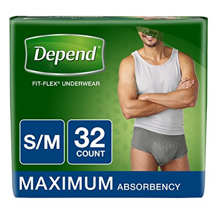 Depend FIT-FLEX Incontinence Underwear for Men, Maximum Absorbency, S/M, Gray, 32 Count