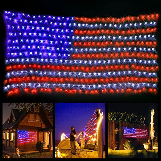 Decute American Flag Lights 390 LED United States Flag Curtain String Light Decoration for Independence Memorial Day Garden Outdoor Indoor Canopy Patio, UL Certification