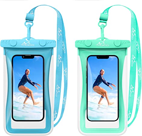 MoKo Floating Waterproof Phone Case Holder 2 Pack, IPX8 Phone Pouch Lanyard Dry Bag Compatible with iPhone 13/12/11 Pro Max/Mini, Xs Max Xr, SE 3/2, Galaxy S22/S21/20, Note 20/10,Mint Green   Sky Blue