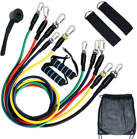 FETCHSHE Resistance Bands Set (11pcs) Include 5 Stackable Exercise Bands with Handles, Carry Bag, Legs Ankle Straps & Door Anchor Attachment for Physical Therapy, Resistance Training