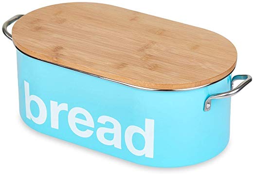 Bread Bin for Kitchen Counter, Bread Storage Box, Food Storage Container, Bamboo Lid, Turquoise