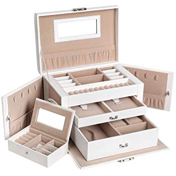 SONGMICS Jewellery Box, Jewellery Organiser with 2 Drawers, Lockable Jewellery Case with Mirror, Portable Travel Case, for Rings, Bracelets, Earrings, Necklaces, Velvet Lining, Gift, White JBC121W