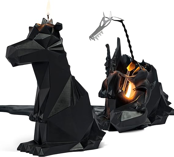 PyroPet Dreki Dragon Candle (Black) - The Original Dragon Candle with Metallic Skeleton | Halloween Decor | Unique Gift for Dragon Lovers | 20-Hr Burn Time | Dimensions: 6.7x2.9x4.5 in