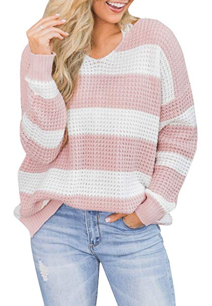 MIROL Women's Oversized Long Sleeve V Neck Color Block Striped Knit Pullover Sweater Loose Fit Tops