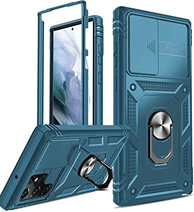 LeYi Compatible for Samsung Galaxy S22 Ultra with Stand and Slide Camera Cover for Men, Heavy Duty Protective Hard Case with Metal Ring Kickstand for Samsung S22 Ultra, Blue