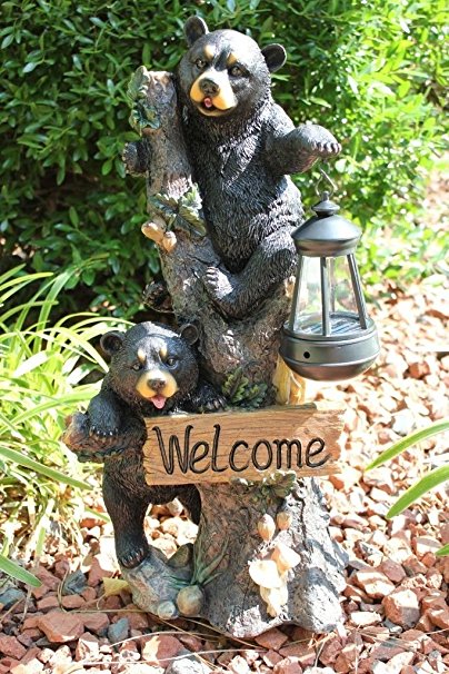 Climbing Black Bear Cubs Statue Figurine Solar LED Lantern Light Welcome Sign