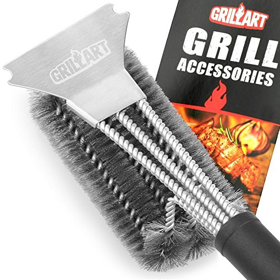 Grill Brush and Scraper - GRILLART Bristles 18" Best BBQ Grill Brush - Stainless Steel Woven Wire 3 in 1 Durable & Effective Barbecue Cleaning Brush Grilling Accessories Tools (Leather Hanging)