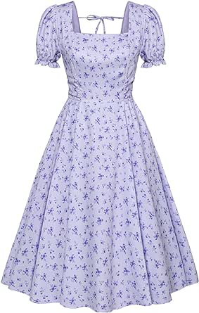 Belle Poque Vintage Dress for Women 1950s Cottagecore Cocktail Dresses Square Neck Puff Sleeve Dress with Pockets