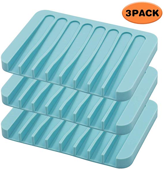 TOPSKY 3Pack Silicone Soap Dishes for Bathroom, Soap Holders Shower, Soap Savers, Self-draining Waterfall (Blue)