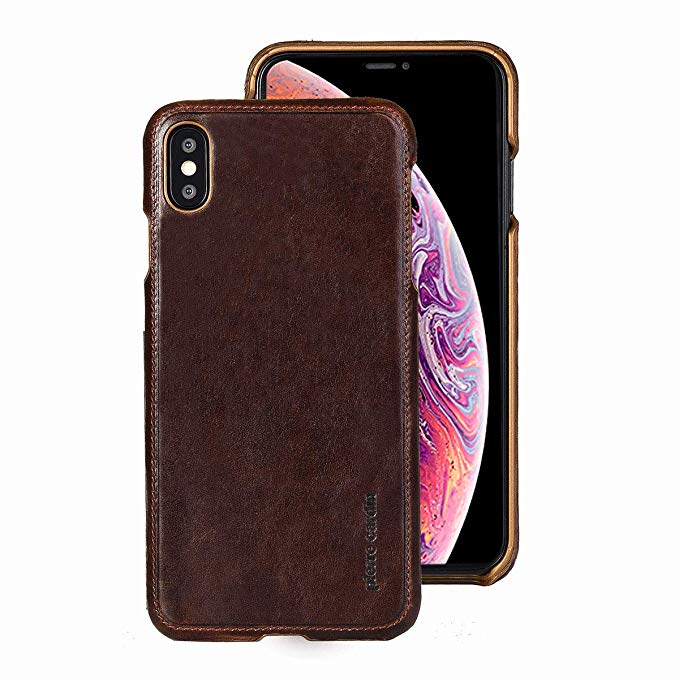 iPhone XS Max Case, Pierre Cardin Genuine Leather Premium Vintage Classic Business Style for Men Hard Back Cover Slim Protective Compatible Apple iPhone XS Max - Dark Brown