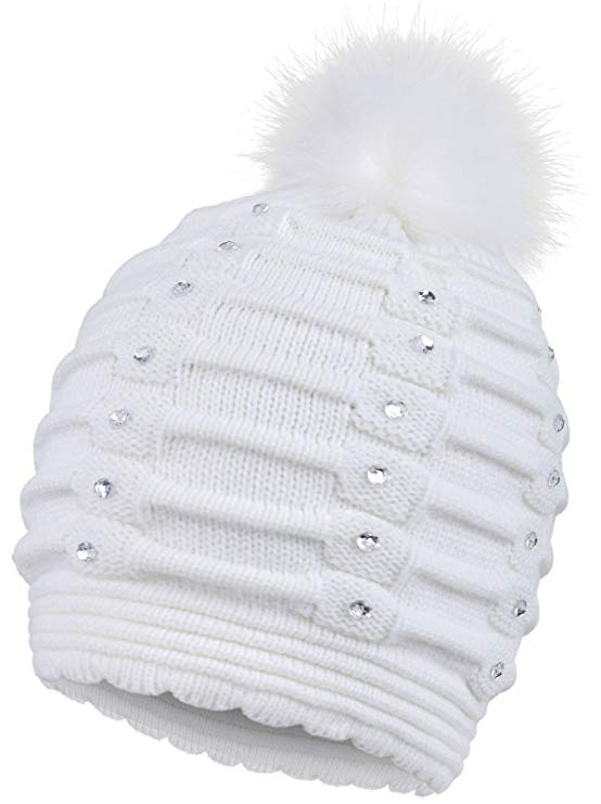 ARCTIC Paw Horizontal Cable Knit Beanie with Sequins and Faux Fur Pompom
