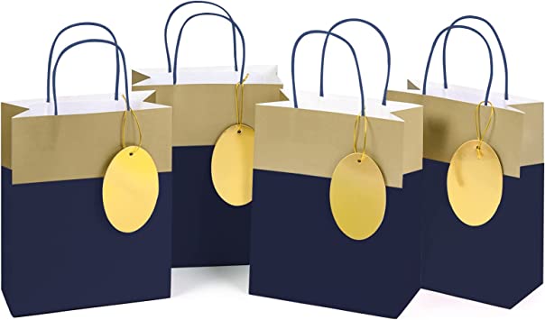 WRAPAHOLIC 8 Pack Medium Gift Bags with Handles - 10" Gift Bags with Gift Tags for Wedding, Birthday, Baby Shower, Party Favors - Navy & Gold