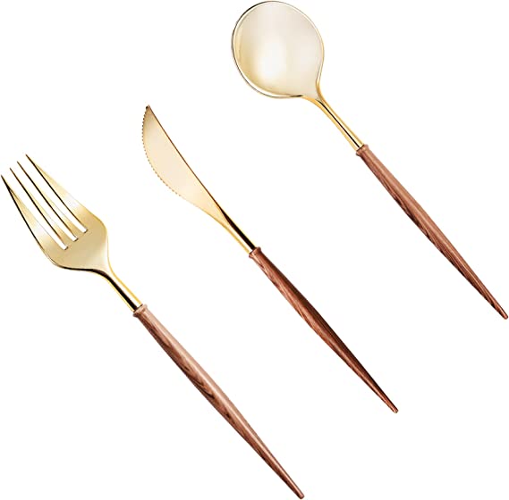 Lullaby 120pcs Gold Plastic Silverware, Gold Disposable Cutlery with Wood Grain Handle Include 40 Forks, 40 Spoons, 40 Knives, Elegant Disposable Silverware for Wedding, Party, Christmas, Halloween