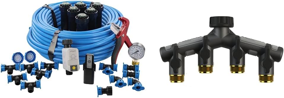Orbit 50022 In-Ground Blu-Lock Tubing System and B-Hyve Smart Hose Faucet Timer with Wi-Fi Hub Sprinkler Kit, Blue, Black & 58970 4-Way Manifld and Shut-Offs