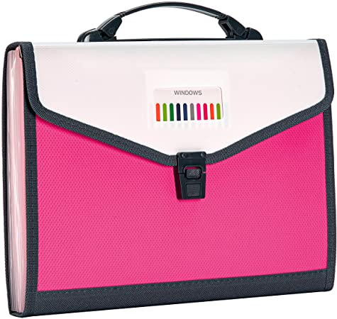 FANWU 13 Pockets Expanding File Folder Accordion File with Handle & Buckle - Letter A4 Paper Size - Expandable Plastic File Folder Monthly Portable Document Organizer for Home School Office (Pink)
