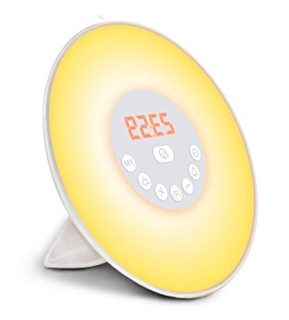 Wake Up Light Alarm Clock Sunrise Simulation with Night Light 6 Colors Atmosphere Lamp, 10 Brightness of Warm White Bedside Lamp with 6 Natural Sounds & FM Radio