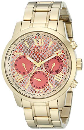 GUESS Women's U0330L11 Stainless Steel Gold-Tone Watch with Coral Python-Print Multi-Function Dial, Day, Date & 24 Hour Int'l Time