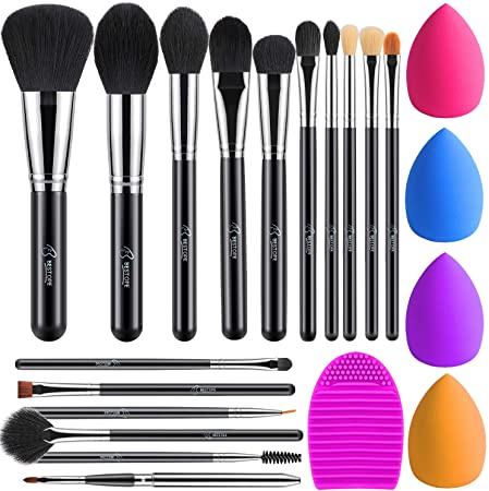 BESTOPE Makeup Brush Set, 21 Pcs Makeup Brushes & Makeup Sponge & Brush Cleaner, Premium Synthetic Kabuki Brush Kit for Full Face Foundation Blending Powder Blush Concealers Eyeshadow Lip - Silver