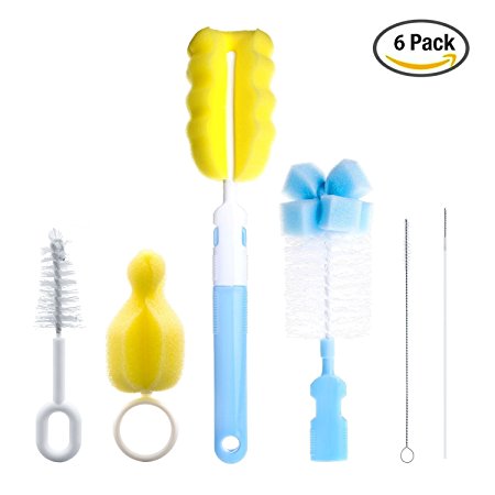 6 in 1 Bottle Brush Cleaner Kit, Cleaning Brush Set for Cups Sports Bottle Baby Bottle Nipple Straws and more ( Blue )