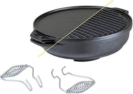 Lodge Cast Iron Cook-It-All Kit. Five-Piece Cast Iron Set includes a Reversible Grill/Griddle 14 Inch, 6.8 Quart Bottom/Wok, Two Heavy Duty Handles, and a Tips & Tricks Booklet.