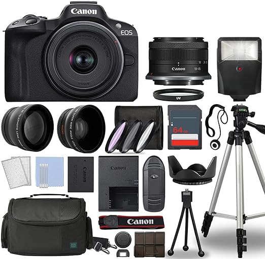 Canon EOS R50 Mirrorless Digital Camera Body Black with Canon RF-S 18-45mm f/4.5-6.3 is STM Lens 3 Lens Kit with Complete Accessory Bundle   64GB   Flash & More - International Model (64gb Kit)