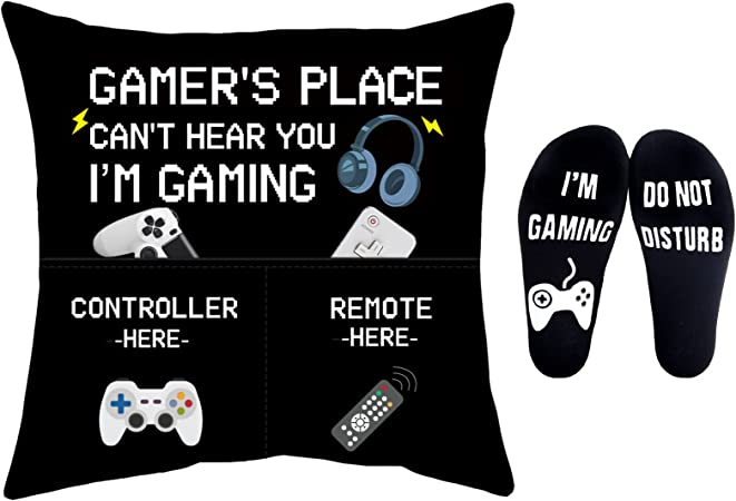 Gamer Gifts Pillow Cover Case 18x18 inch with Dual Pockets and Funny Gamer Socks Set, Teenage Gift Idea Christmas Stocking Stuffers for Teen Boys Men Him, Gaming Room Decor Party Decorations