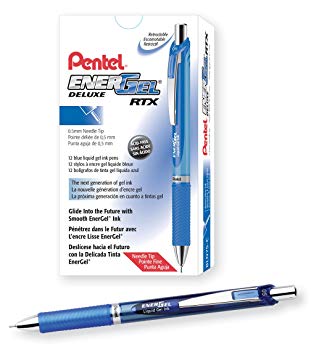 Pentel EnerGel Deluxe RTX Retractable Liquid Gel Pen, Fine Line, Needle Tip, Blue Ink, Box of 12 (BLN75-C)