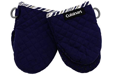 Cuisinart Quilted Mini Kitchen Oven Mitts/Gloves w/Silicone for Easy Gripping, Heat Resistant up to 500 Degrees F- Navy Aura w/Gray Stripes