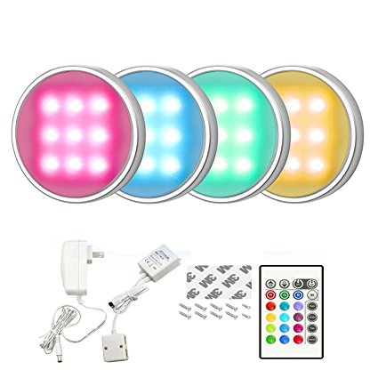 Cefrank Multicolor Changing Puck Lighting - 4 Pack, Wireless IR Remote and UL-listed RGBW Lamp for Under Cabinet Surface, Recessed, Bookself