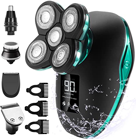 OriHea Electric Shavers for Men, 5 in 1 Head Razors for Bald Head, Hair Clippers Beard Nose Hair Trimmers and Grooming Kit, Fast-Charging LED Display Waterproof Shaver