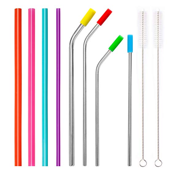 YIHONG Reusable Drinking Straws 4 Silicon Straws and 4 Stainless Steel Metal Straws 10 Inch and 8.5 Inch Long with 2 Cleaning Brushes For Yeti Tumbler Variety Pack of 6mm, 9mm and 12mm