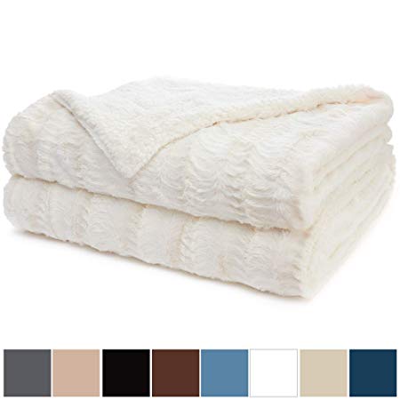 The Connecticut Home Company Luxury Faux Fur Bed Throw Blanket, Twin Size 80x60 Super Soft, Large Wrinkle Resistant Reversible Blankets, Warm Hypoallergenic Washable Throws for Beds, Ivory