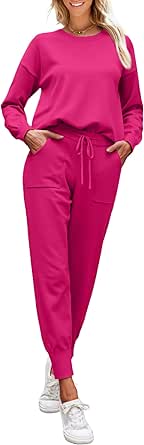 Ekouaer Women's 2 Piece Lounge Set Long Sleeve Knit Pajamas Sweatsuit Jogger Pant Outfits With Pockets S-XXL