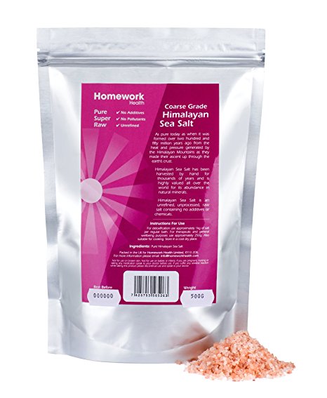 Homework Health Himalayan Pink Salt Coarse Grade Zero Additives Suitable For Cooking And Detoxification Comes In Re Sealable Stand Up Pouch 500g
