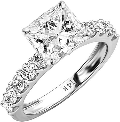 2 Carat 14K White Gold Classic Side Stone Prong Set GIA Certified Princess Cut Diamond Engagement Ring w/a 1 Ct J-K Color SI1-SI2 Clarity Center