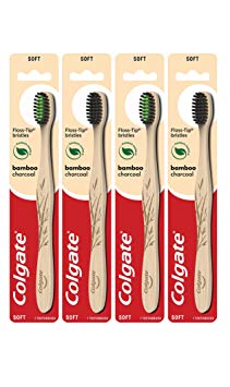 Colgate Charcoal Bamboo Toothbrushes, Biodegradable and Eco Friendly Natural Bamboo Handle, Soft - 4 Count