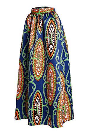 Asvivid Women's African Floral Print Maxi Skirts A Line Long Skirts With Pocket(S-2XL)