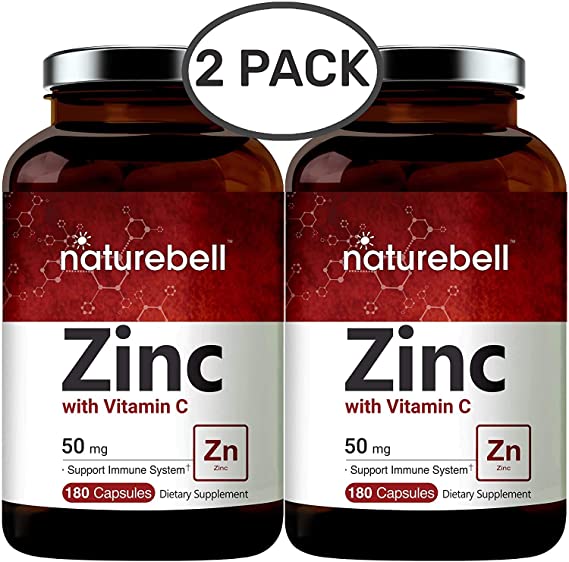 2 Pack Zinc 50mg (Zinc Supplement with Vitamin C), 180 Capsules, Strongly Support Immune System and Antioxidant, Non-GMO and Made in USA