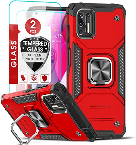 LeYi for Moto G Stylus 2021 Case (Not for G Stylus 2020), Moto G Stylus Case with 2PCS Tempered Glass Screen Protector, Military-Grade Phone Case with Ring Holder Kickstand for Motorola G Stylus, Red