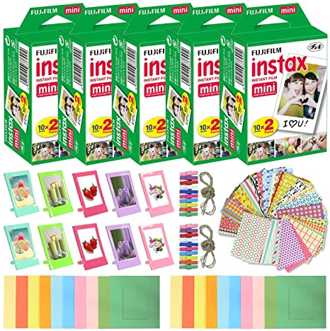 Fujifilm Instax Mini Instant Film (5 Pack, 100 Sheets) 10 Plastic Desk Frames   20 Paper Frames Plus 60 Sticker Frames