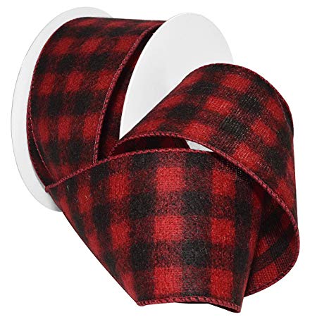 Morex Ribbon Red/Black Wired Flannel Buffalo Plaid Ribbon, 2.5 inches by 10 Yards