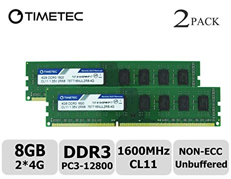 Timetec Hynix IC DDR3 PC3-12800 1600 MHz Non ECC Unbuffered 1.35V/1.5V Dual Rank 240 Pin UDIMM Desktop PC Computer Memory Ram Module Upgrade (8GB(4GBx2))